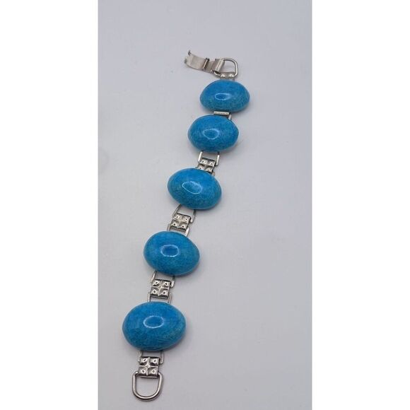 Vintage Estate Turquoise Blue Glass Bracelet Brooch Set Floral Spray Cabochon - Picture 3 of 7